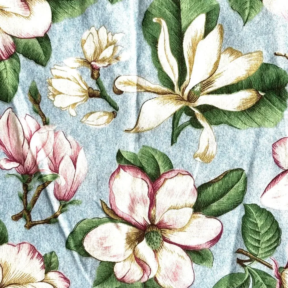 Blue & pink magnolia flowers tablecloth with greenery farmhouse cottage cabin